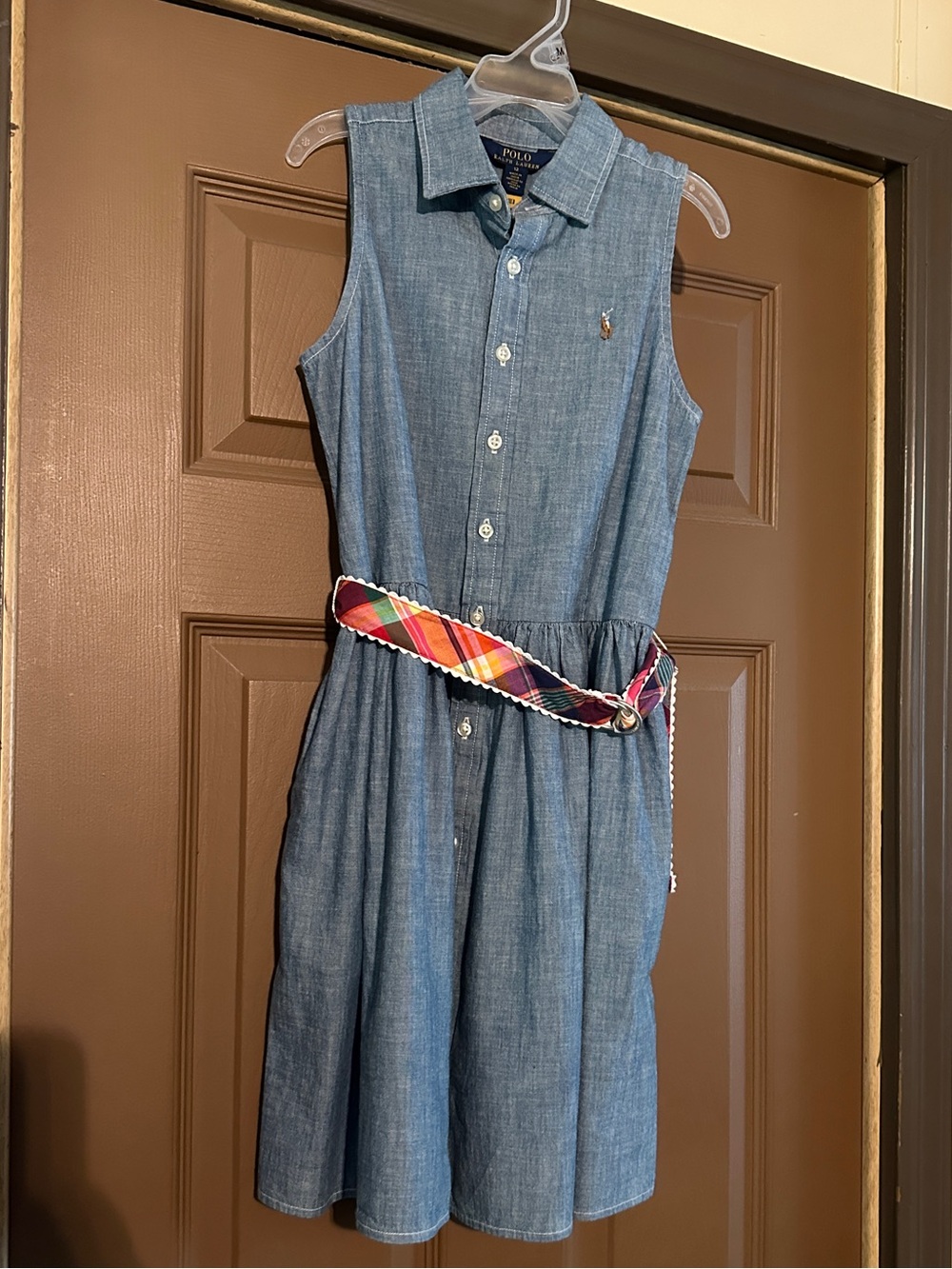 Like NEW! Worn once! Polo by Ralph Lauren Blue Chambray Dress with Plaid Belt